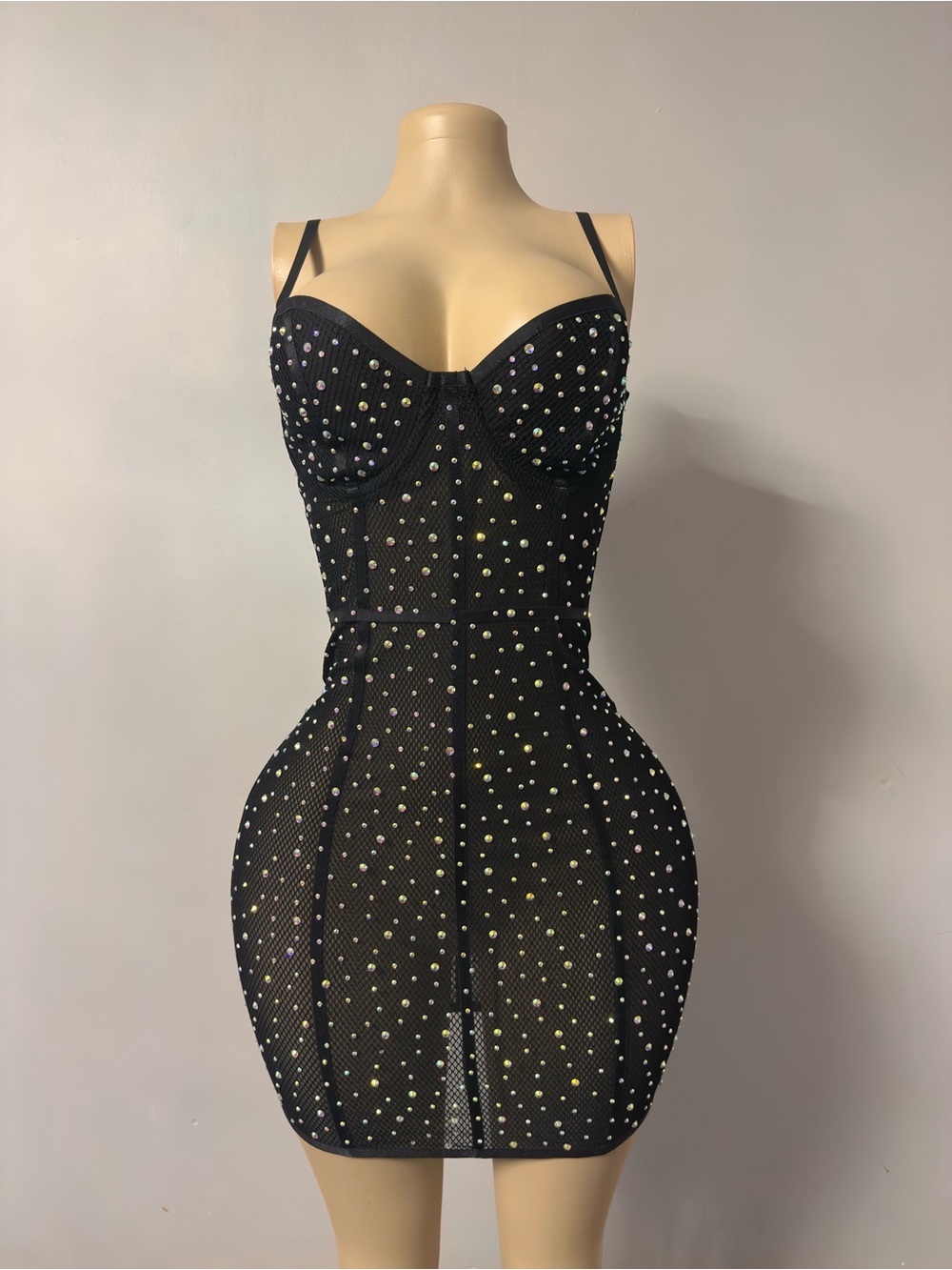 Fashion Nova Black Rhinestone Mesh Bodycon Mini Dress